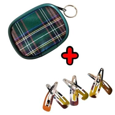 Imagem de Kit Presilha Tic Tac de Cabelo Tamanho Grande Metal Dourado 3 pares + 1 Porta Niquel Moeda Xadrez Quadrado Verde Luxo