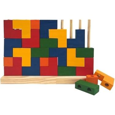 Imagem de Blocos De Encaixe Vertical Com 25 Peças Madeira - Jogo Educativo e Pedagógico para Crianças a Partir de 3 Anos (Grande (33cmX21cm))