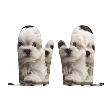 Imagem de Conjunto de 2 luvas de forno de silicone, resistentes ao calor, antiderrapantes, luvas de forno com forro de algodão macio, luvas fofas de churrasco para cachorrinho maltês para cozinhar, assar