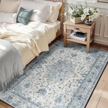 Imagem de RELEANY Tapetes de área 9,5 x 1,5 m lavável, antiderrapante, floral, vintage, estampa de angústia, tapete medalhão para sala de estar, quarto, sala de jantar, azul claro, azul-marinho, bege, cinza