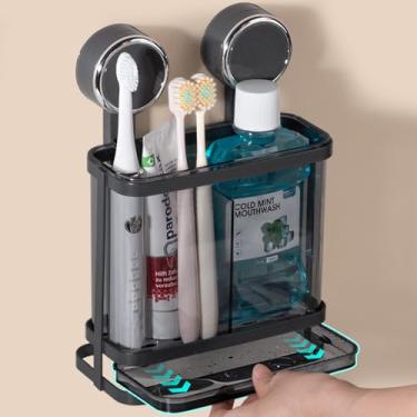 Imagem de Suportes de escova de dentes montados na parede para banheiros, ventosa de escova de dentes elétrica e organizador de pasta de dente Suporte de lâmina para chuveiro, bancada, penteadeira, cinza