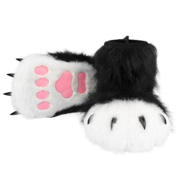 Imagem de hbbhml Pantufas felpudas de animais, urso, gato, lobo, cachorro, raposa, pele, pés, patas e garras, acessórios de fantasia para adultos e crianças, Preto, branco 2, One Size