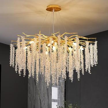Imagem de Upfelw Candelabro de ramo de árvore de cristal dourado, D31,5 polegadas moderno redondo pingo de chuva lustre de ramo luminária suspensa de luxo para sala de jantar, sala de estar, quarto, 12 luzes