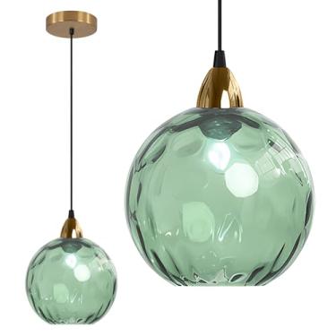 Imagem de BOKT Luminária pendente de globo dourado moderno grande ilha de cozinha 1 bola de vidro verde claro redondo luz pendente de meados do século único escova latão luminária suspensa no teto (verde)