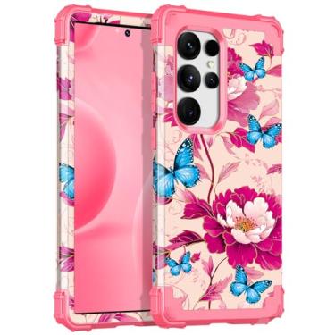 Imagem de Hekodonk Capa para Galaxy S24 Ultra, capa protetora de proteção à prova de choque de três camadas de plástico rígido de silicone macio para Samsung Galaxy S24 Ultra, flor rosa