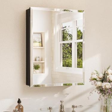 Imagem de TETOTE Armário de espelho de banheiro de 50 x 66 cm com espelho chanfrado temperado armário de remédios preto dobradiças DTC, prateleiras ajustáveis contínuas, embutidas/montadas na superfície
