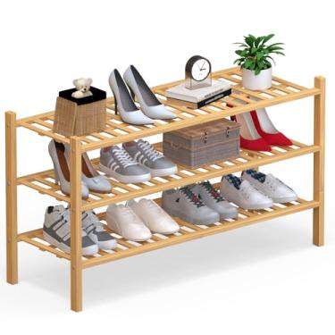 Imagem de Haddockway Organizador de sapatos de bambu longo de 3 níveis, prateleira empilhável multifuncional com painel de grade para armário, corredor, entrada, espaço pequeno 87 x 28 x 50 cm (natural, 3