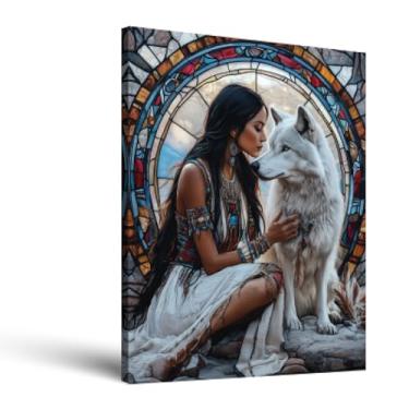 Imagem de Menina indiana com lobo branco arte de parede nativo americano decoração de parede fotos mulheres indianas impressão em tela vitral quadro quadro mulher guerreira pôster casa sala de estar decoração