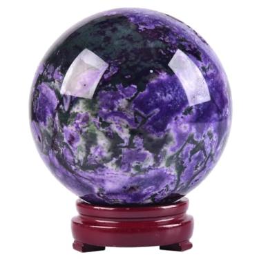 Imagem de JIC Gem Bola grande de cristal de ágata musgo roxa 100 mm (100 mm) esfera decorativa com suporte de madeira meditação bruxaria decoração de casa