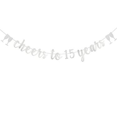 Imagem de Cheers to 15 Years Banner, pré-amarrado, papel prata glitter decorações de festa para 15º aniversário de casamento 15 anos 15 anos suprimentos de festa de aniversário letras prata ZHAOFEIHN
