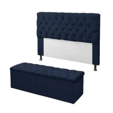 Imagem de Kit Cabeceira e Calçadeira Baú Mirage Queen 160cm Renascer Decor, Azul