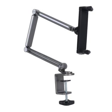 Imagem de Depisuta Suporte para celular para mesa de cabeceira, rotação de 360 ​​graus, braço longo ajustável,suporte para celular e tablet com braçadeira e luz ajustável, dobrável e portátil (Cinza)