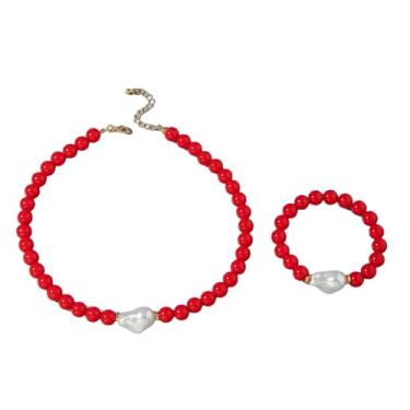 Imagem de HWJQ Colar de contas redondas coloridas conjunto de joias irregulares barrocas colar de pérolas gargantilha contas de acrílico pulseira elástica para mulheres, Middle, Acrílico, Sem Pedra Preciosa