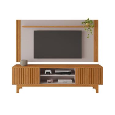 Imagem de Painel com Rack Conjunto Trunfo Ripado Portas de Correr Pés MDF Usinados JCM