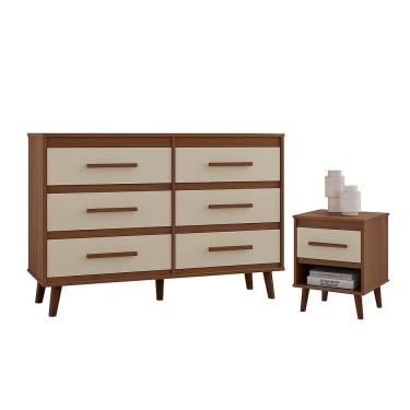 Imagem de Cômoda 6 Gavetas Pé Palito E Mesa De Cabeceira 1 Gaveta Lima Savana - Off White