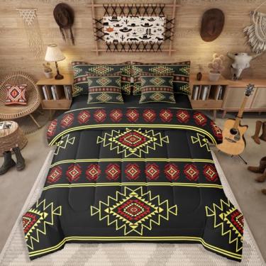 Imagem de Conjunto de edredom King asteca ocidental, 7 peças, nativo americano, nativo americano, para adultos, adolescentes, geométrico, sudoeste, étnico, nativo americano, decoração rústica, preto e amarelo