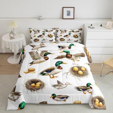 Imagem de meiyoeat Conjunto de cama macio para meninos e meninas, pato selvagem, tamanho casal, animais selvagens, edredom de microfibra, pesca e caça, decoração de quarto, ovo, 3 peças com 2 fronhas