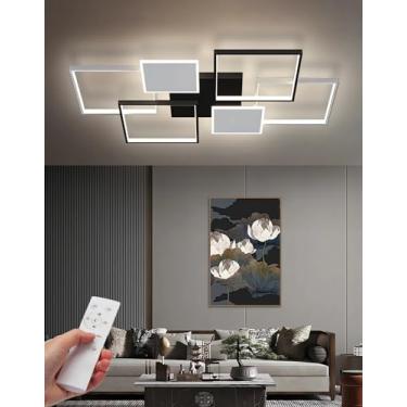 Imagem de Luminária de teto LED moderna regulável com controle remoto para sala de estar, quarto, luminária de teto retangular contemporânea embutida em acabamento preto (110 cm)