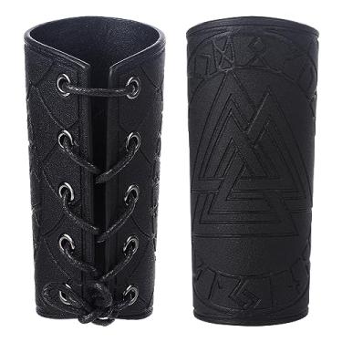 Imagem de GORGECRAFT Pulseira de couro com 2 peças, bracelete de armadura medieval, viking odin runas, Valknut, protetor de braço de couro em relevo, ajustável, preto, braçadeira para Halloween, adulto,