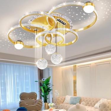 Imagem de Luminária de teto de cristal LED moderna com controle remoto, cor da luz/brilho ajustável, lâmpada para sala de estar, lustre de cristal acrílico para quarto, cozinha e escritório (dourado)