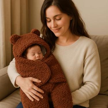 Imagem de Saco de dormir Bebê com Capuz Casulo Cobertor Enroladinho Sweddle Conforto Estilo Ursinho Sherpa (Marrom Escuro, 0 a 3 Meses)