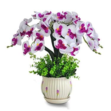 Imagem de DCYEQRQ Flores artificiais para decoração de orquídeas artificiais falsas bonsai flores artificiais com vasos de flores Phalaenopsis arranjos de flores para decoração de casa artificial Fl