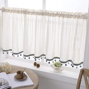 Imagem de Cortina de cozinha curta cortina de café com pompom de renda cortina de cozinha cortinas de meia janela transparentes de linho, meia cortina de estilo moderno W1,8 m * H1