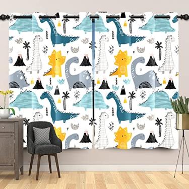 Imagem de SIEDYCV Cortinas blecaute de dinossauro com desenho animado de 133 x 153 cm para decoração de quarto de bebê de menina menino bonito amarelo azul dinossauro doodle cortinas de janela escurecimento