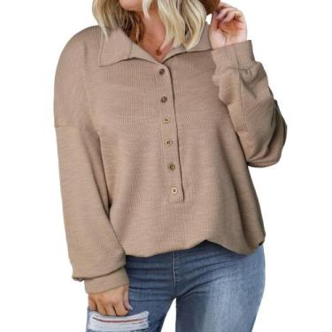 Imagem de Blusa feminina Eytino plus size, manga comprida, decote em V, botões, 