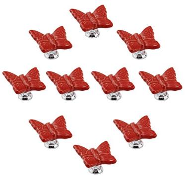 Imagem de 10 peças maçanetas de cerâmica de porcelana em forma de borboleta azul com furo único puxador de armário de cozinha cor doce puxadores de gaveta de móveis infantis para bebês decorativos (vermelho)