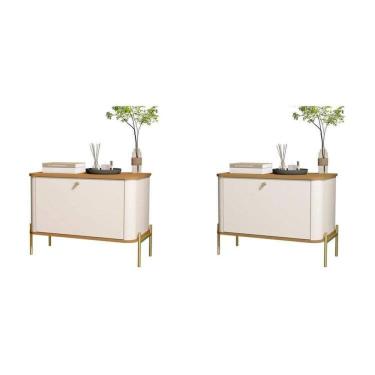 Imagem de Conjunto com 2 Mesas de Cabeceira Curva 1 Porta Pés e Puxadores em Metal 76cm Tucupí Off White/Marrom/Dourado