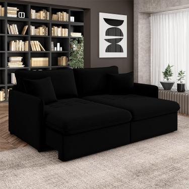 Imagem de Sofá Reclinável e Retrátil Gandalf Bipartido 234cm Caixa Zero com Almofadas Veludo Preto G33 - Gran Belo