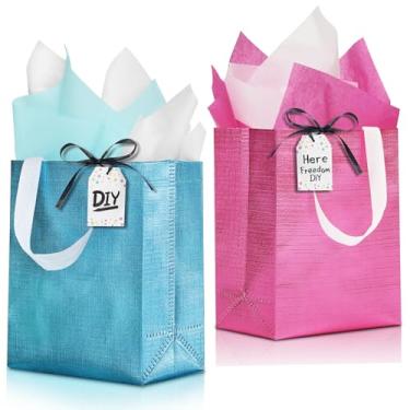 Imagem de KeerxunBag Pacote com 12 sacos de presente reutilizáveis (25 x 10 x 20 cm) inclui tecido rosa/azul, etiquetas, cartolina e fita para aniversário/casamento