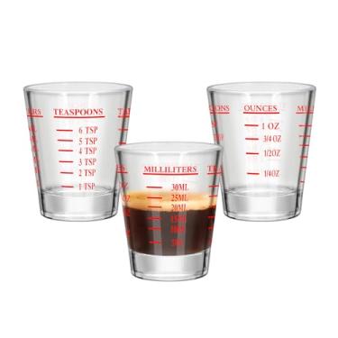 Imagem de 3 peças de copos de dosagem copo de medição de café expresso, vidro pesado líquido 26 medições incrementais, 28 g, 2 TBS, 6 colheres de chá, 30 ml utensílios de cozinha (3, vermelho)