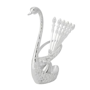 Imagem de Tiiyee Conjunto De 6 Colheres Sobremesa Metal Para Café, Aço Inoxidável, Talheres Criativos Frutas, Suporte Base Cisne, Organizador Com Colheres, Prata
