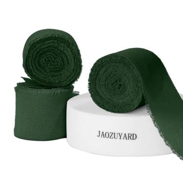Imagem de JaoZuyard Fita verde escura de 3,5 cm x 3 rolos total de 21 metros fita de seda de chiffon com franjas verdes feitas à mão para embrulhar convites de casamento de Natal, buquês de noiva, chá de bebê