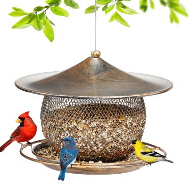 Imagem de LBTING Alimentador de pássaros para uso externo, alimentador de pássaros selvagens à prova de esquilos, alimentador de pássaros de metal para pendurar ao ar livre, jardim, quintal, redondo em forma de