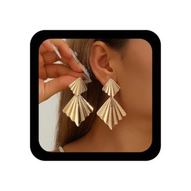 Imagem de Ximdble Brincos vintage exagerados quadrados geométricos brincos grandes martelados quadrados pendentes brincos de folha texturizada dourada joias para mulheres, Zinco, Sem pedra preciosa