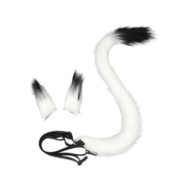 Imagem de UGPLM Conjunto de orelhas e cauda de gato para cosplay, mulheres e meninas, rabo longo de gato para fantasia, baile de máscaras, Branco Preto