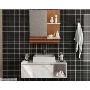 Imagem de Conjunto de Banheiro com Armário e Espelho de 60cm e Balcão Suspenso de 80cm sem Pia, cor Amendoa/Marmore Branco - Tecno Mobili