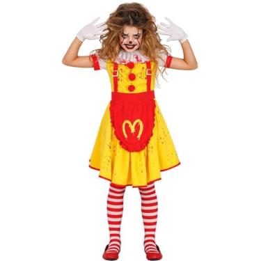 Imagem de Fantasia Halloween Infantil pra Menina Palhaça Assassina Hambúrguer Terror Vestido Amarelo com Sangue (Amarelo, G 7-9)
