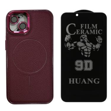 Imagem de Kit Capinha Premium de Couro Anti Impacto Compatível com iPhone 13 + Película Privacidade em Cerâmica Flexível + Película de proteção da Câmera. (Marsala)