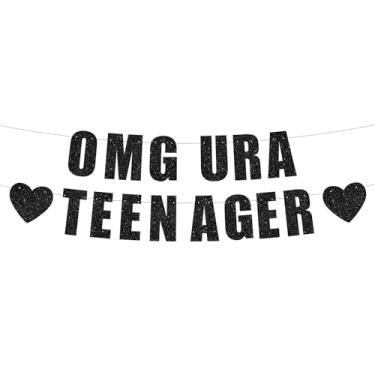 Imagem de Pré-amarrado Omg Ur A Teenager Banner Decorações de Aniversário de 13 Anos Feliz Sinal de Festa de 13 Anos para Meninos Meninas Adolescentes Oficiais Adolescentes 13 Anos Decorações de Festa (Preto-01