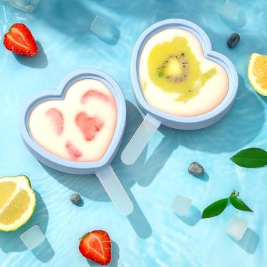 Imagem de Molde de picolé para sorvete 3D em forma de coração com palitos, bandeja reutilizável de verão para doces congelados DIY kit de moldes de sobremesa para bebidas (azul)