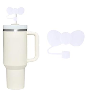 Imagem de Stanley Capa de copo de 40 e 850 g - Topper de canudo de laço branco com canudo de silicone, tampa fofa para copos