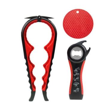 Imagem de Removedor de tampa de lata 3 peças/conjunto universal fácil de usar abridor de garrafas 5 em 1 conjunto de abridor de garrafas que economiza trabalho (preto e vermelho)