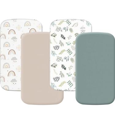 Imagem de Pacote com 4 lençóis com elástico 66 x 96 cm, compatível com berço Graco Pack n Play, macio e amigo da pele, verde menta e cor arco-íris