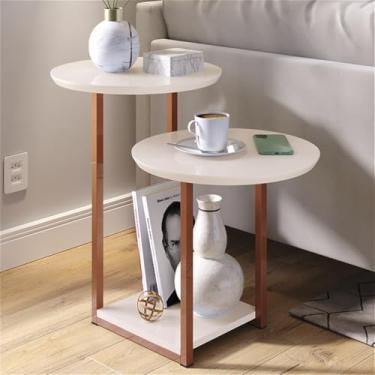 Imagem de Mesa Apoio Lateral Sala DECORAÇÃO com 2 Tampos Pés de Ferro Industrial,mesa de apoio,mesinha(LUIZA - OFF WHITE/ROSE GOLD)