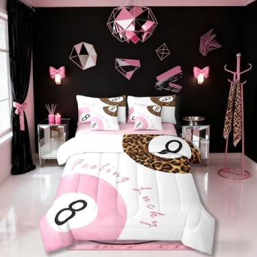 Imagem de Conjunto de edredom infantil de leopardo, tamanho Queen, arte moderna de guepardo estético, 7 peças, decoração moderna com 8 bolas da sorte para meninas e meninos, rosa branco e marrom (elástico +