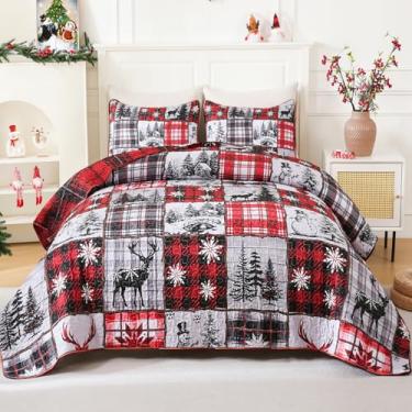 Imagem de ASPMIZ Conjunto de cama King de Natal com 3 peças, xadrez vermelho e 2 fronhas reversíveis, edredom de floco de neve de Natal, leve para inverno, cinza, 228 x 228 cm